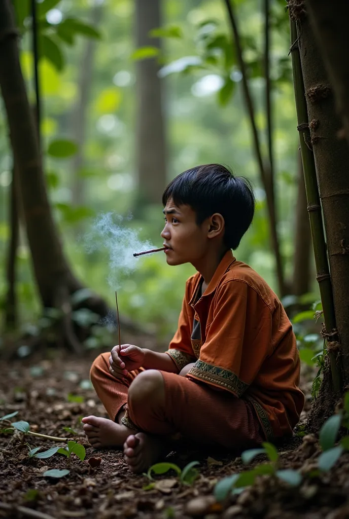 A peaceful boy living in a deep jungle. There is a tall tree from house's back. He is poor boy but stay kind. Sit down politely before his house and cut the bamboo tree to create something. He dresses Karen Traditional clothing. Drink a smoke.