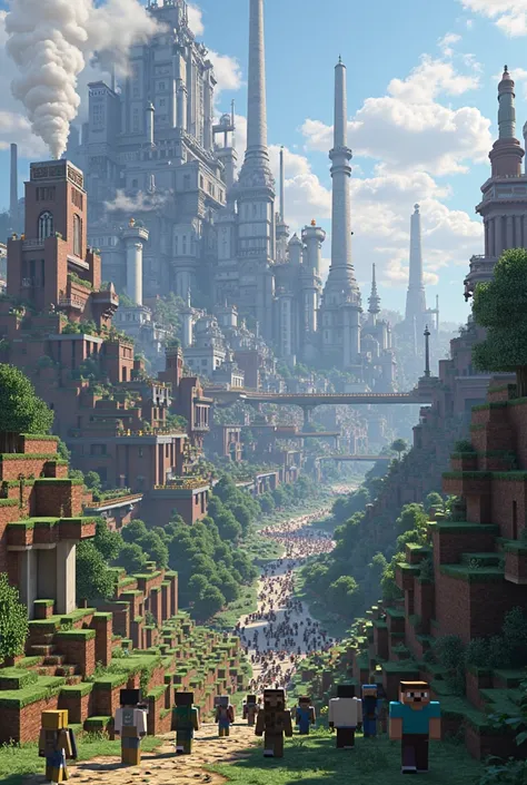 
Steve's civilization from minecraft and there are a lot of Steves you can see straight ahead and there are factories and big cities in the right time