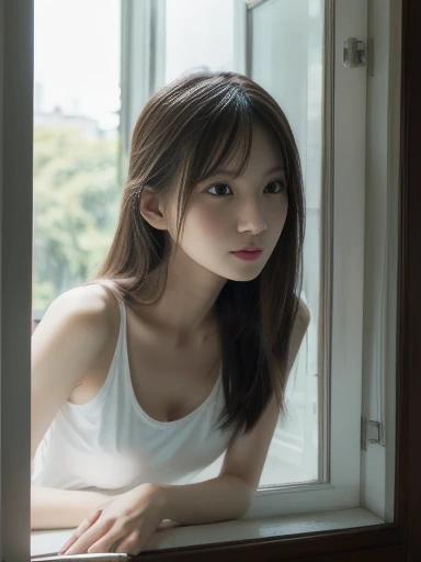 woman, resting chin on hand, looking outside, white tank top, by the window, (from outside window:1.5), ((masterpiece)), ((best quality)), (ultra-detailed), ((beautiful eyes)), Japanese female, (slender:1.3), ((30 years old)), beautiful,