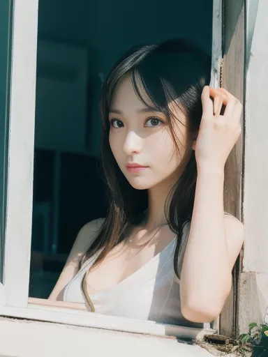 woman, resting chin on hand, looking outside, white tank top, by the window, (from outside window:1.5), ((masterpiece)), ((best quality)), (ultra-detailed), ((beautiful eyes)), Japanese female, (slender:1.3), ((30 years old)), beautiful,