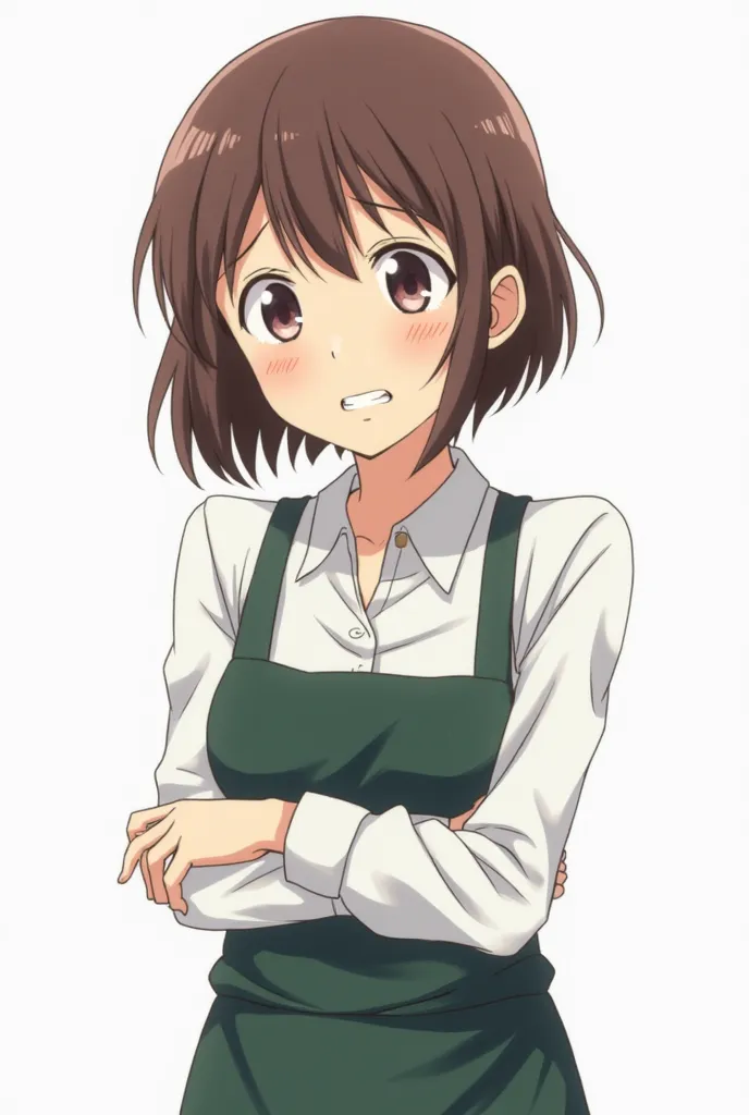 An anime-style image of a woman, probably in her 30s or 40s, of Asian descent. She has short brown hair, a simple white collared shirt, and a dark green apron. Her facial expression conveys deep concern and anxiety. The subject's posture and body language ...