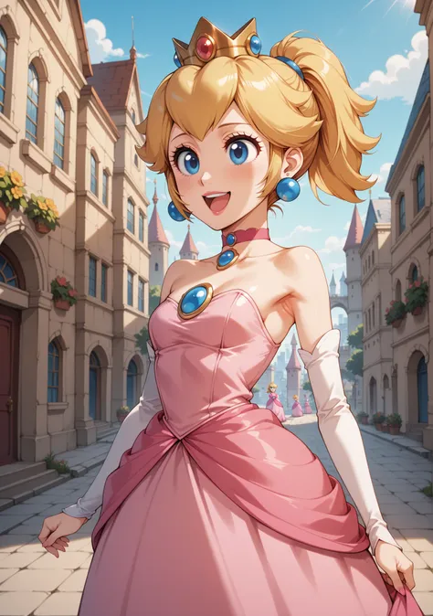  score_9,  score_8_up,  score_7_up,  source_anime,
Princess Peach standing in the woods  ,1 girl,Alone,  jewelry,earrings,short ponytail,chest,very ,choker, dress,medium 
chest, shoulder out,:d,
outdoor,smile, open your mouth, twinkle in both armpits, twin...