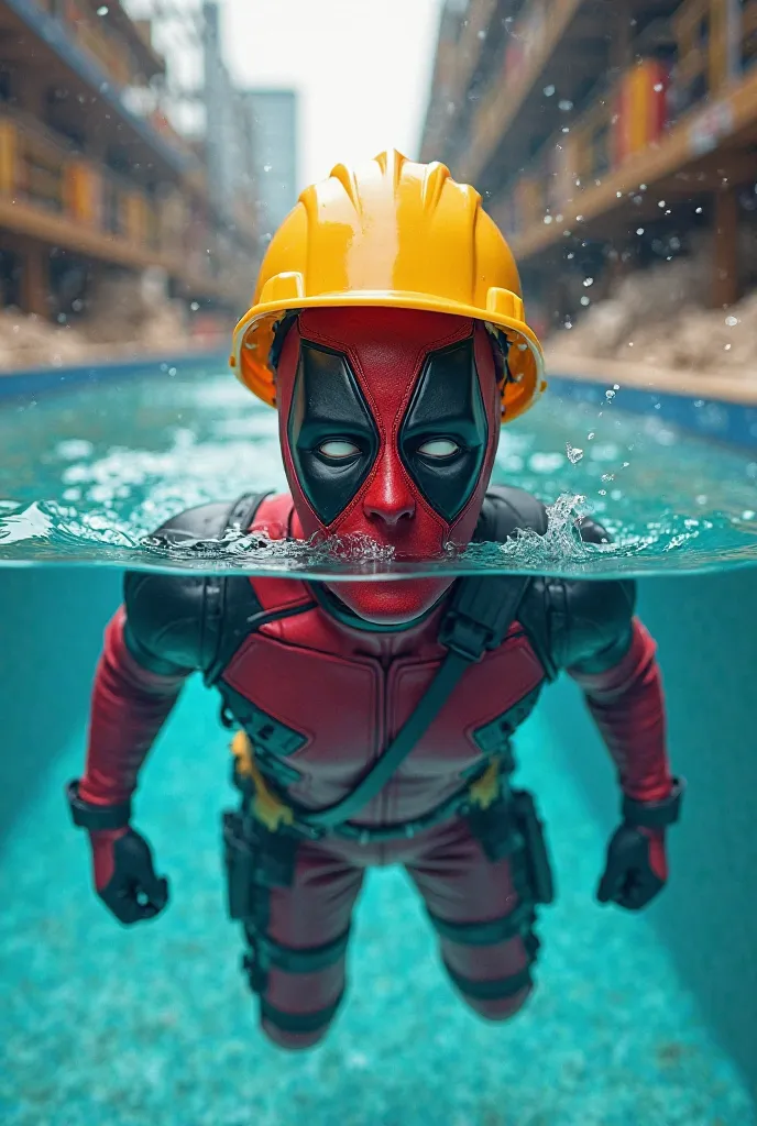 Deadpool with construction helmet inside a pool 