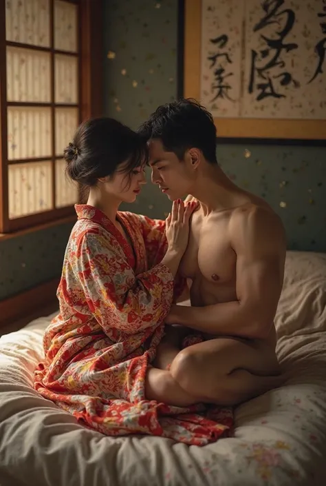 Asian girl in hot kimono fucked by a guy on matrass inside japanese traditional home