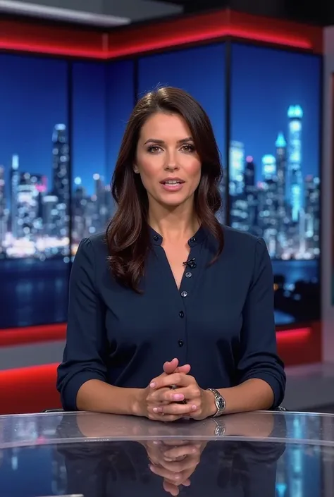 Aqui está o prompt que usei para gerar essa imagem:  

**"A highly realistic image of a female news anchor sitting at a modern television studio desk. She is wearing a dark blue blouse and speaking to the camera with expressive hand gestures. The backgroun...