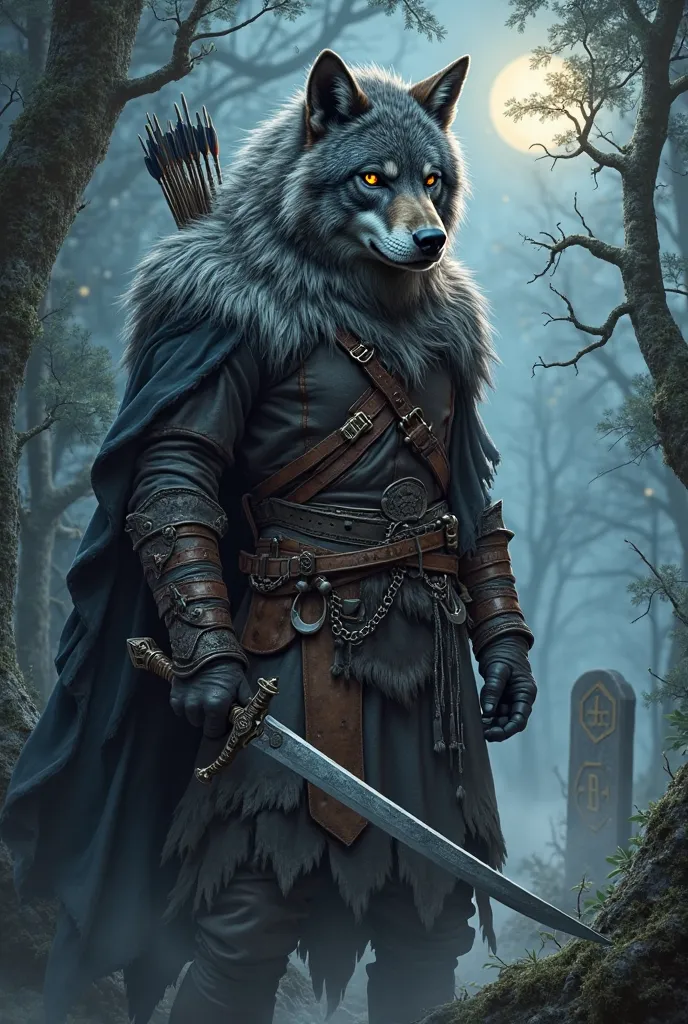 Ultra-realistic portrait of a powerful werewolf ranger, a towering figure of primal strength and cunning, draped in rugged medieval fantasy attire. His thick, battle-worn fur, a deep blend of charcoal and silver streaks, bristles slightly as the wind howls...