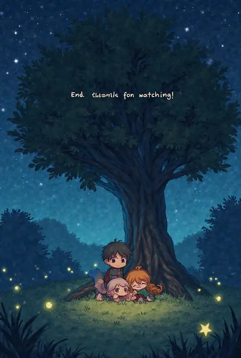 A tranquil forest scene at night, with the three characters resting together under a tree. The sky is full of stars, and fireflies shine around. Text appears on the screen: 'End. thanks for watching!'"