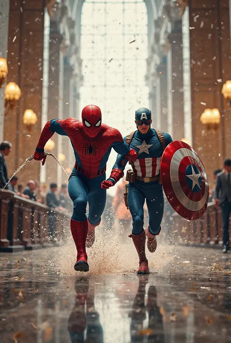 Spider-Man and Captain America rush inside the bank, pointing their guns.