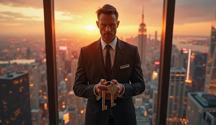 Ultra realistic full-length photo: 1.3. Front view from afar, full-length from head to toe: 1.3. High detail. 32k. Excellent photo: 1.3. High-rise office in a skyscraper. Behind the huge panoramic windows, the city is plunging into sunset — the buildings a...