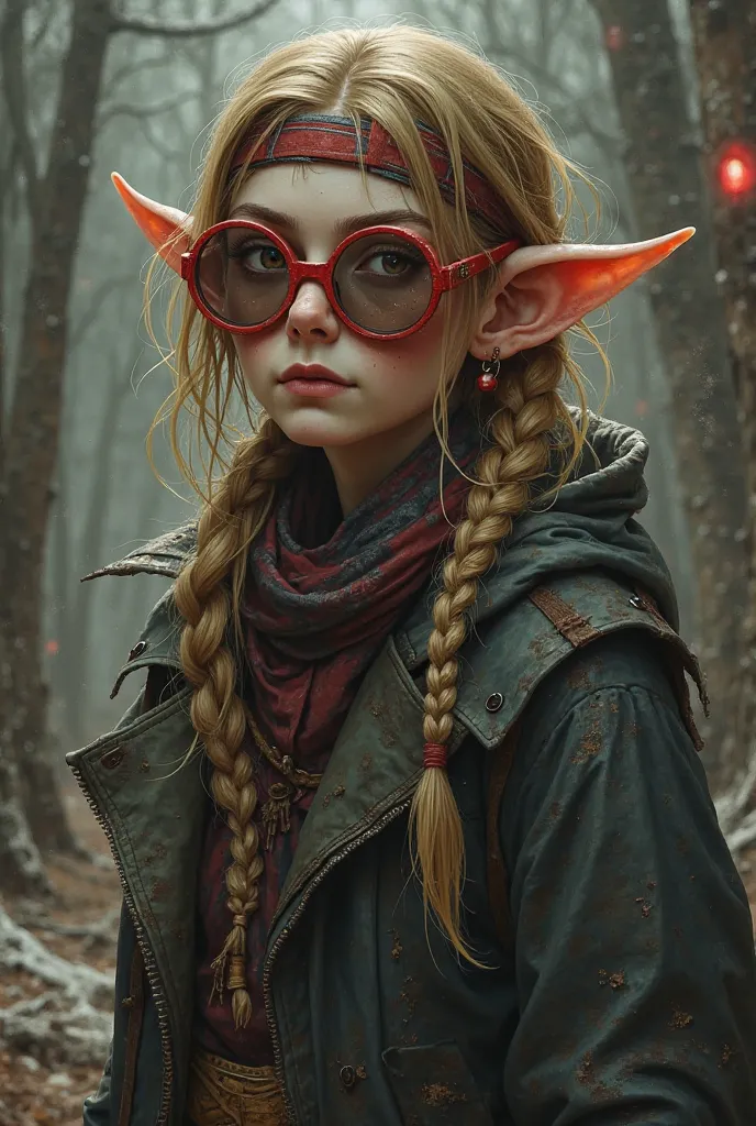 A attractive tall and sickly woman who is wearing a large coat.  She wears large red glasses with mirrored lenses and has a forehead scarf like a pirate.  She has pointed ears and dirty blonde hair in a long braid. She is a little dirty and messy. She live...