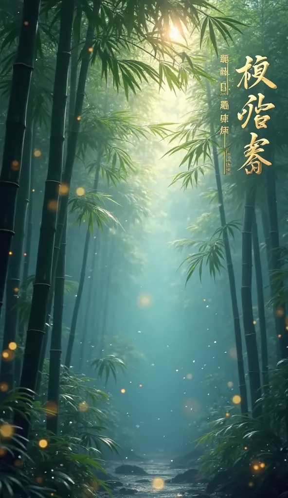 Design an 8K serene bamboo forest bathed in the soft light of dawn. Dewdrops glisten on the leaves, and glowing magical symbols (incantation) drift through the air, casting a soft blue light. On the top right corner, add Chinese calligraphy that says "The ...