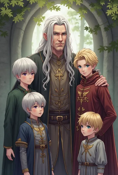 Anime. Fantasy Middle Ages, ducal familly. 5 people: 1)Grandfather: more than 50 years, tall, strong, gray hair, pale blue eyes. 2)Son: over 30 years old, tall, pale skin, white hair, pale blue eyes. 3) First grandson: s, white hair, pale blue eyes, looks ...