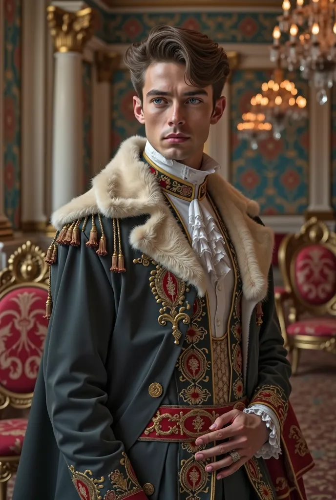 Prince of the Belle Epoque, Nordic features, blue eyes, white skin, costume of the Russian nobility. 4k.  Realistic. Background inside a palace. Age: 30 YEARS. Trail marked by war.  handsome man, NORDIC BEAUTY, Russian beauty.  Realistic, defined skin text...