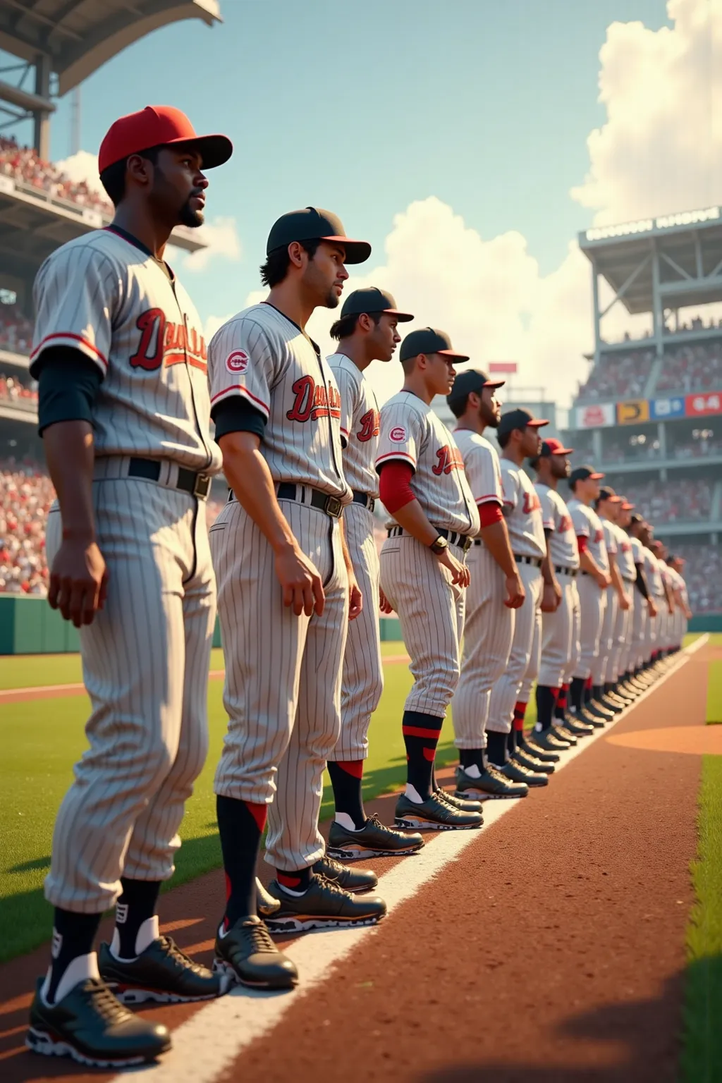 A line up of baseball players from video games that shows the progression from the 70’s to present day