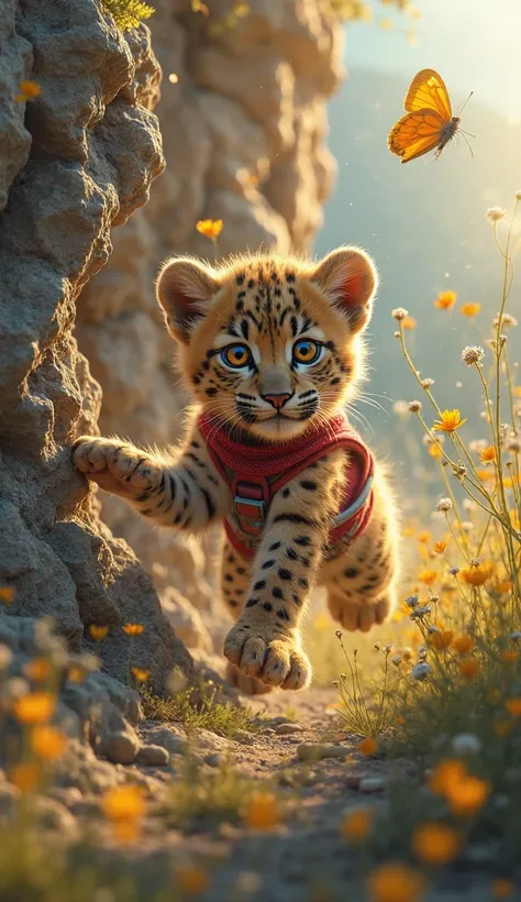 Act 1: Игра и Падение
Prompt 1: "Игра с Бабочкой"
A young leopard cub with spotted golden fur and bright curious eyes playfully chases a vibrant yellow butterfly through tall meadow grass. Sunlit morning scene with the cub jumping and pouncing through wild...