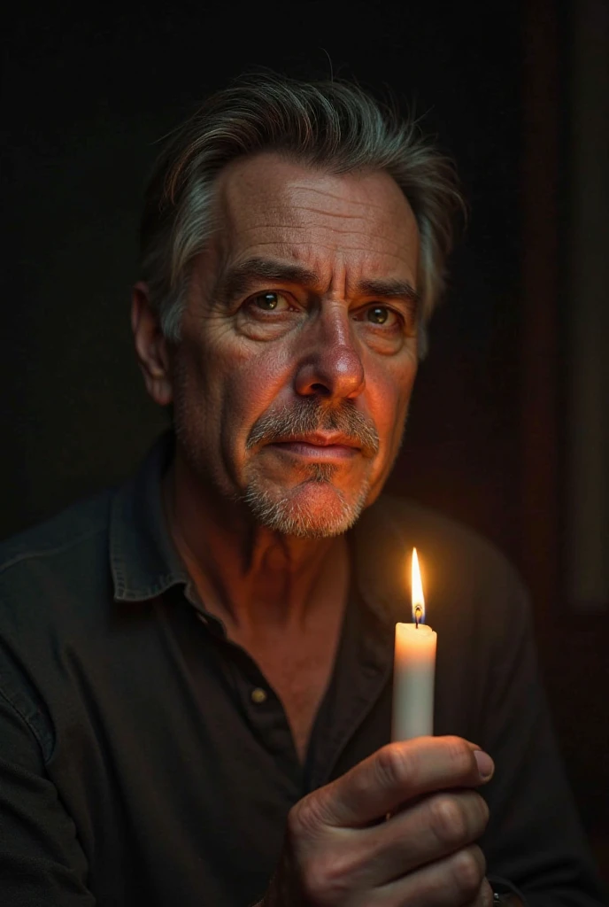 A realistic picture of a person holding a candle that reflects his facial features