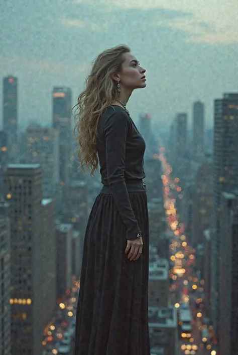 Make a girl mixed with Brokee Shield and Sabrína Carpenter , modeling with a mole above her mouth, looking into the void above a building in New York 