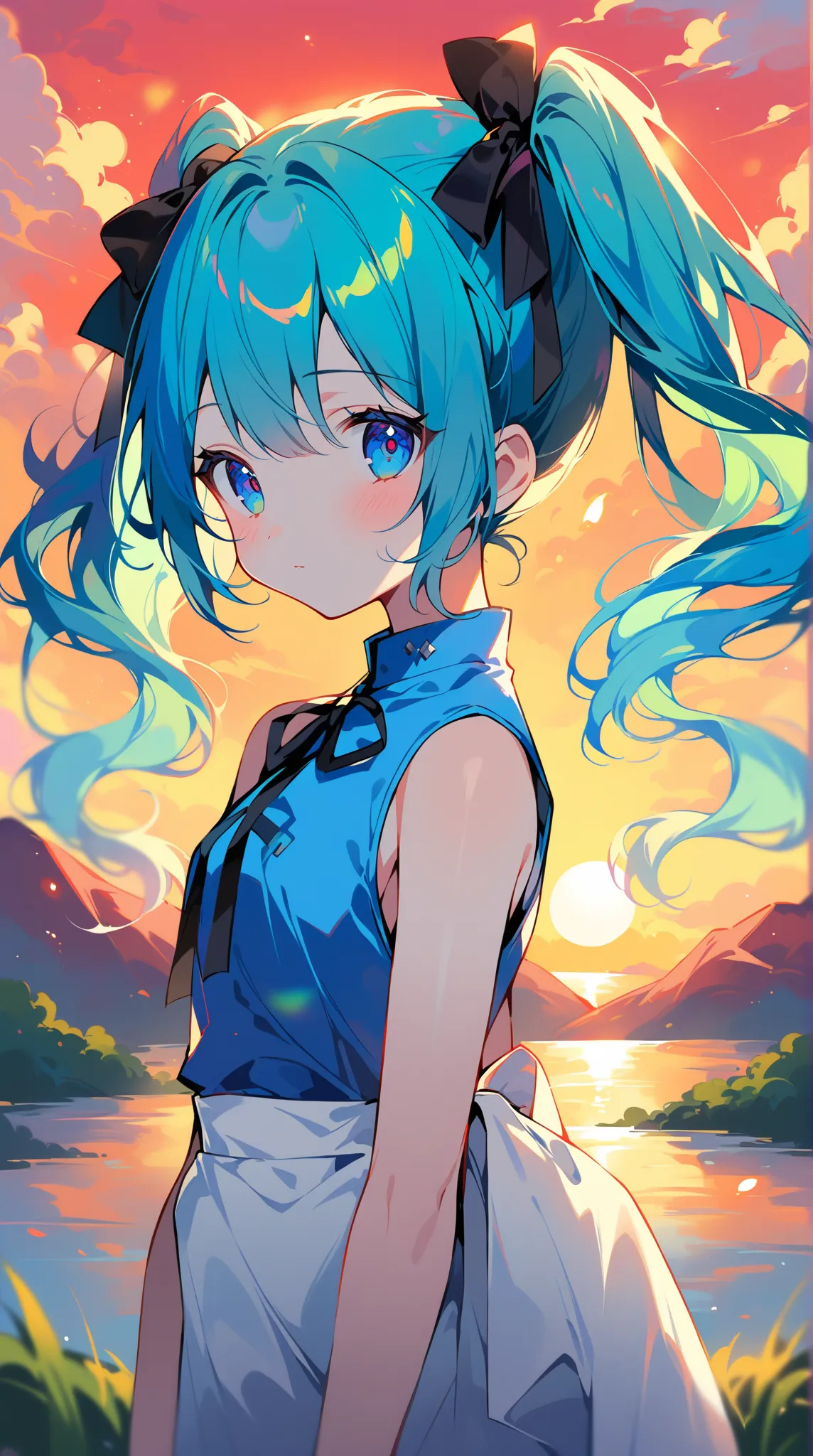 1 girl,  Hatsune Miku,  vocaloid,  blue eyes,  Lantern,  long hair,  Long Sleeve,  tie, sleeveless, sleeveless シャツ, twin tails、full body