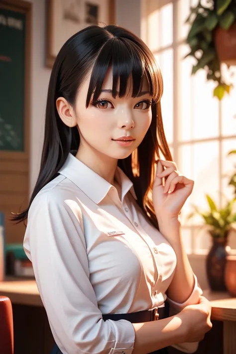 Ultra-realistic portrait of a young Asian girl, age 18, fair and smooth skin, straight black hair neatly styled, warm brown eyes, natural expression, wearing a white blouse, soft lighting, detailed skin texture, cinematic depth of field, professional photo...