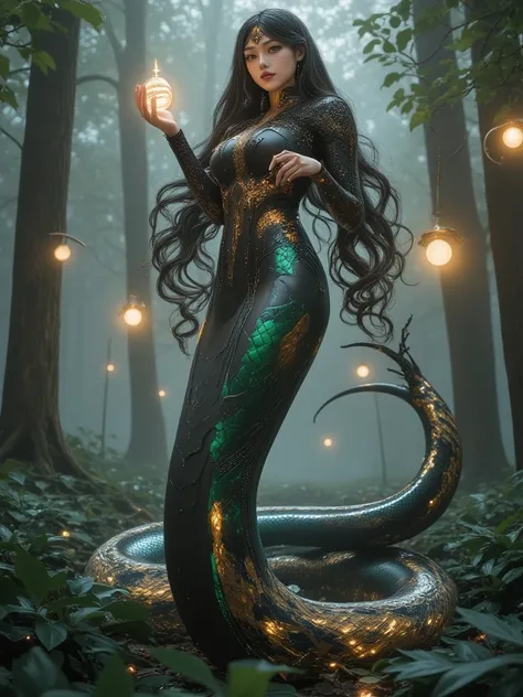 Create an image of a snake woman who embodies both beauty and power. Her upper body is human, with long, flowing hair cascading like liquid silk, each strand catching the soft light that filters through the trees. Her face is serene yet commanding, with a ...