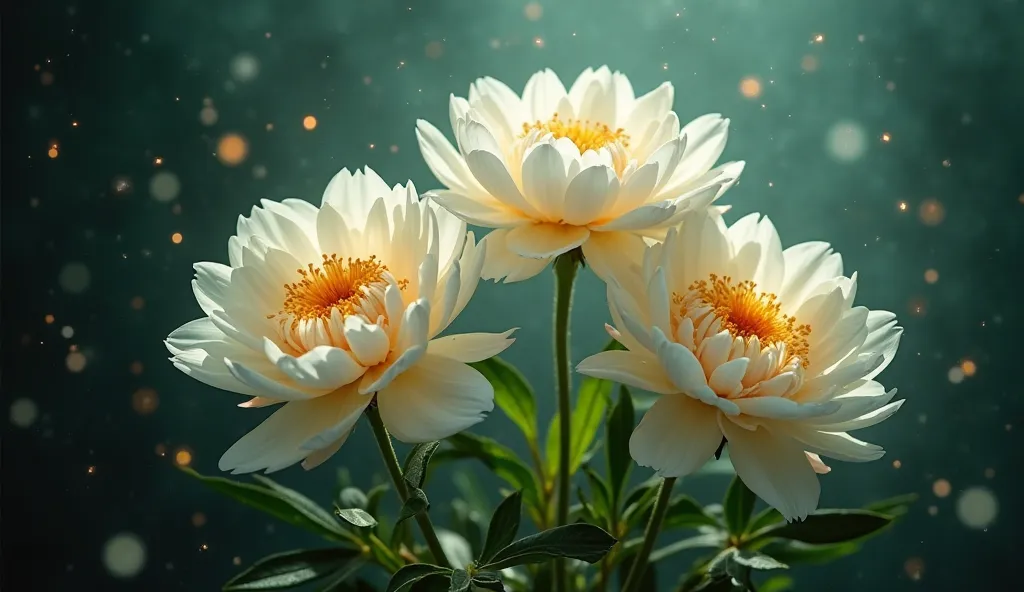 "A mesmerizing composition of three fully bloomed peony flowers glowing under an ethereal light. The delicate petals are pristine white with soft golden centers, creating an enchanting contrast. Each petal has intricate layers, appearing almost translucent...