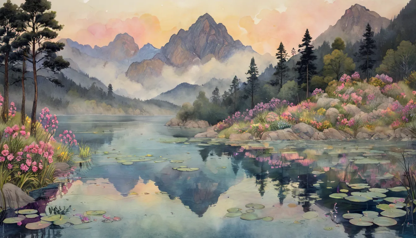 This watercolor captures a tranquil lakeside scene at dusk. A seamless blend of trees and flowers in pink, purple and pale blue cover the mountainside. On the shore, tall grasses and wildflowers sway gently in the breeze, captured in soft watercolor brushs...