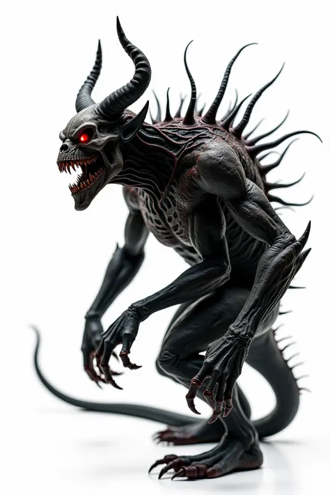 A side-profile view of a monstrous demonic entity with massive curved horns, glowing red eyes, and a skeletal face with sharp fangs, its mouth slightly more open, revealing a terrifying snarl. The demon's grotesque, elongated claws and decayed, muscular sk...