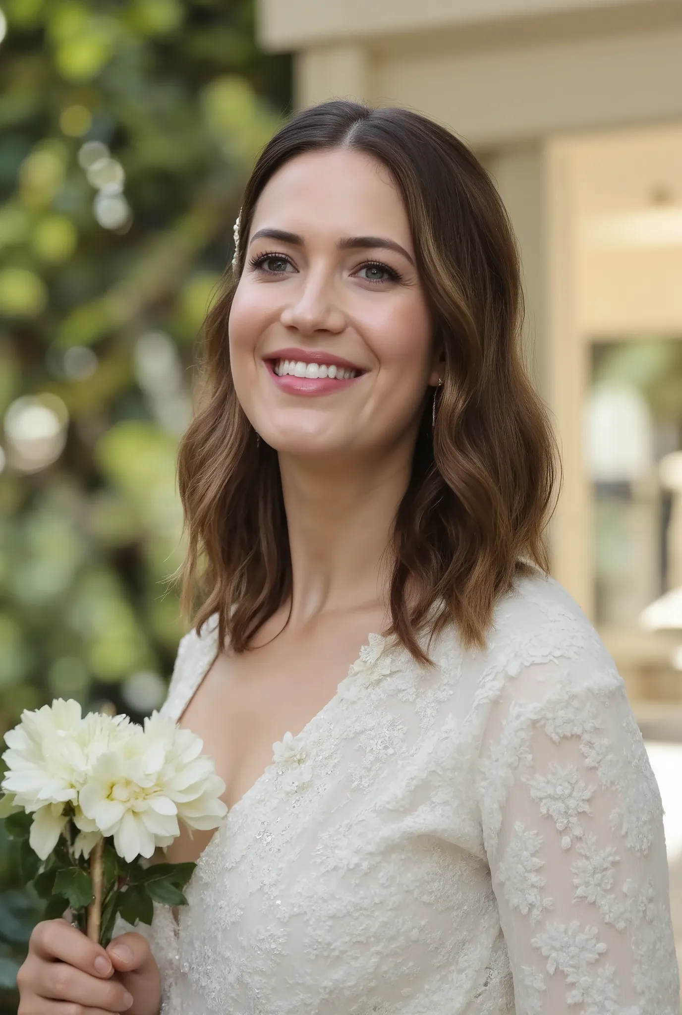 best quality, highres, 8k, masterpiece, photography, detailed midbody photorealistic portrait. Mandy Moore is seen walking down the aisle in a stunning, timeless wedding dress. The dress features a simple, elegant design with a plunging neckline and delica...