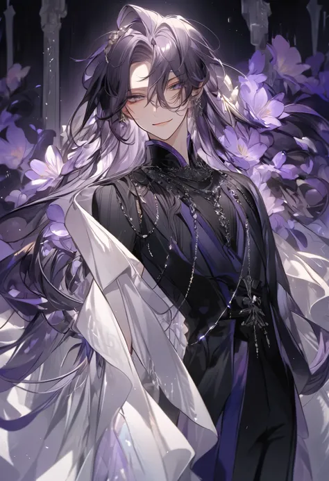 Feminine boy, soft womanish facial features, smile, squinted siren dark blue eyes without glare, silver and dark purple long loose hair with straight bang, fantasy black clothes with blue and purple elements, long black gloves, model, gorgeous, elegant, lo...