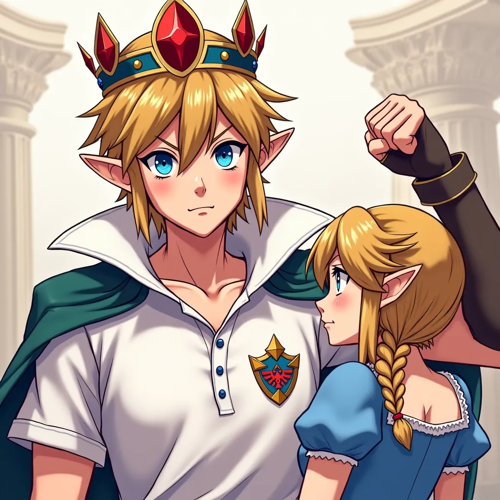 Anime Ocarina of time Emperor Link wearing a Massive popped collar polo with a collar so high it's taller than his head he's punching Princess Zelda