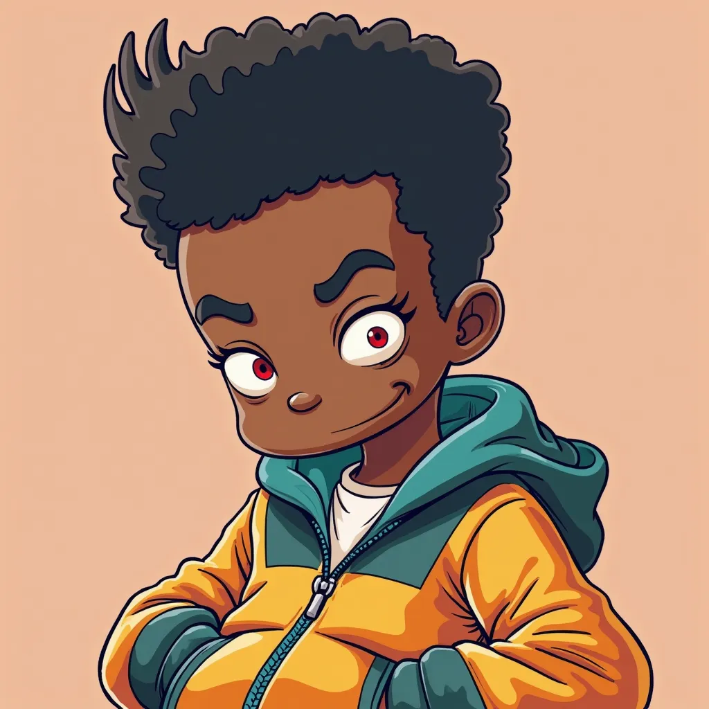 flat colors vector.((ebony black Bart simpson )) brown skin sharp afro haircut with part in a 90s windbreaker, leaning back with red eyes looks high ((full body focus))(( t shirt style))