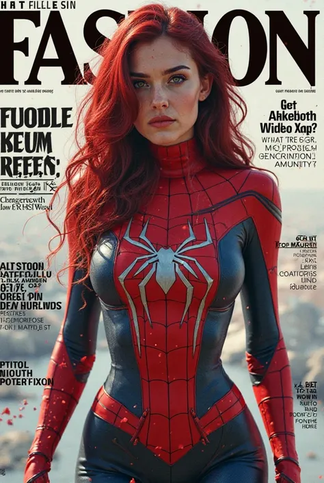 Create the cover of a fashion magazine with real Spider-Woman, hyperrealistic Hyperrealism as the protagonist of the cover and with background texts as if it were a real magazine..  outfit.  hyperrealism. live action magazine. Big breasts. Hanging upside d...