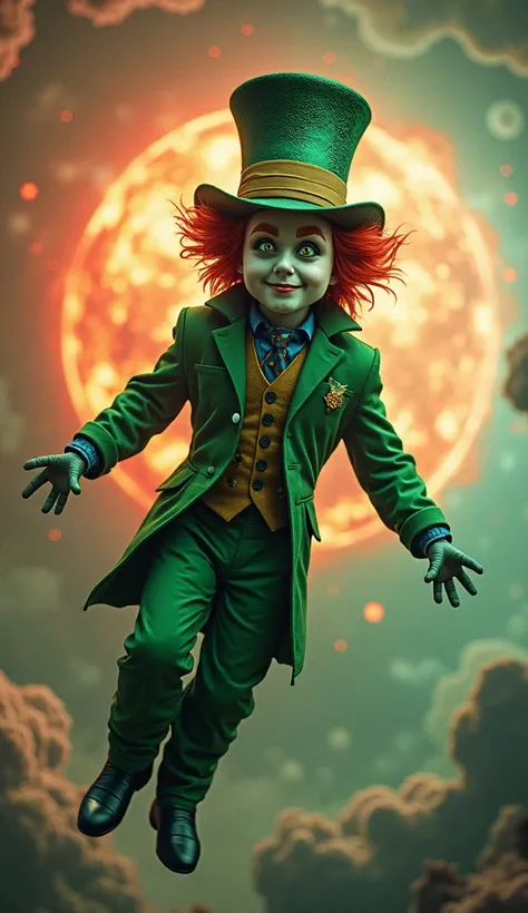 **"An image showing the Mad Hatter wears an Green astronaut costume and floats in the air (no helmet) (full body), looking forward, he has red hair, yellow eyes, in the background the explosion of a supernova. 10k"**