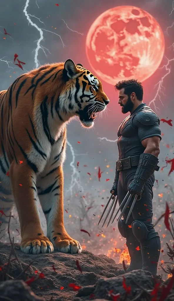 A ferocious tiger and Wolverine stand face to face, their eyes locked in an intense stare, both radiating pure, untamed aggression. The tiger, its muscular frame streaked with battle scars, stands tall, its razor-sharp claws digging into the bloodstained e...