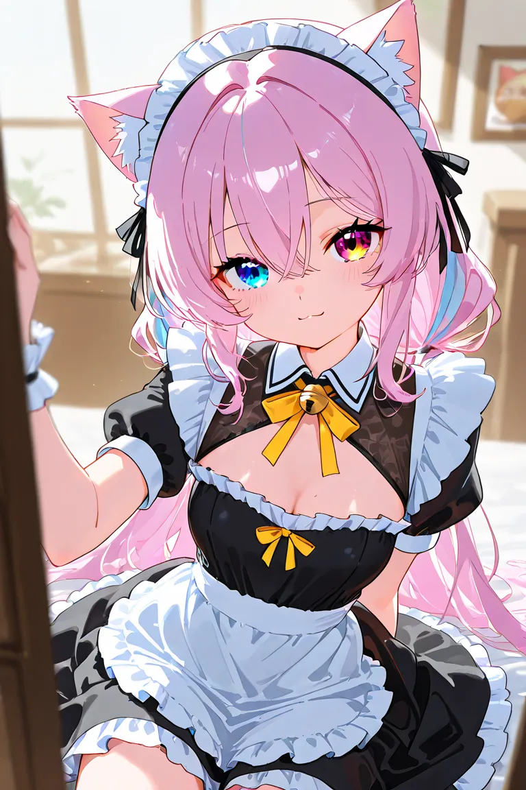 BEAUTIFUL TWINTHEL-HAIRED GIRL,Cat ears, bicolor eye,Maid Cafe Set