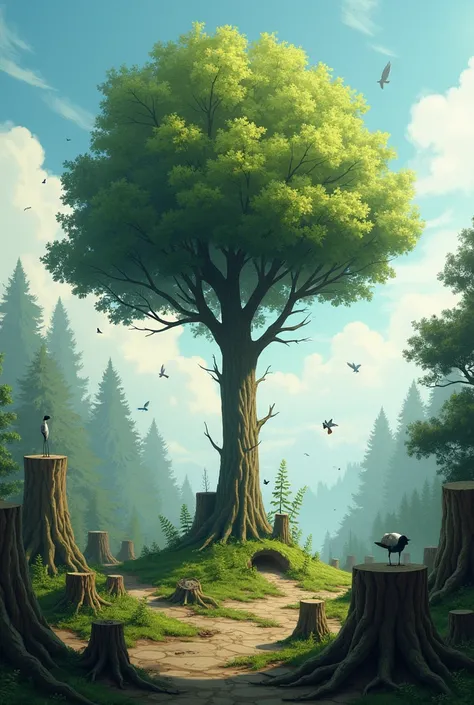 Beautiful forest with cut trees, a beautiful forest with only one tree left and animals flying.