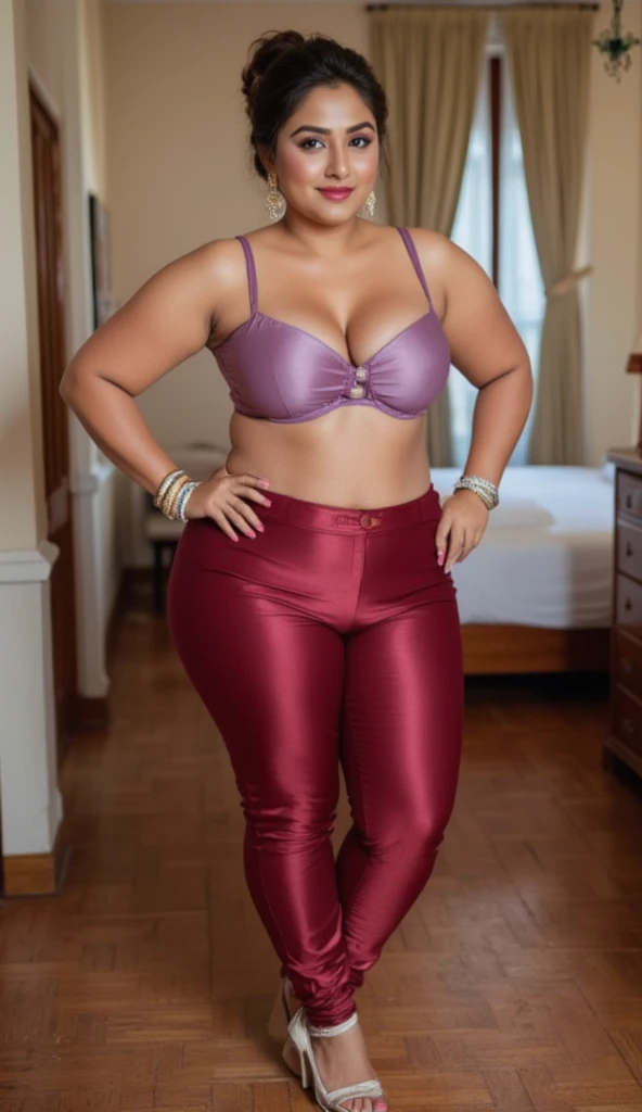 40 year old indian married women looking at the viewer, wearing shiny glossy and reflective finish polyester plus size Burgundy silk leggings and strapless lavender silk bra , big Fat ass,wide hips,Big thighs, scooped Big breast, fat wide ass ,messy bun, l...