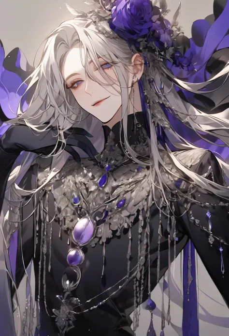 Feminine boy, soft womanish facial features, smile, squinted siren dark blue eyes without glare, silver long loose hair with straight bang, fantasy black clothes with blue and purple elements, long black gloves, model, gorgeous, elegant, lots of silver jew...
