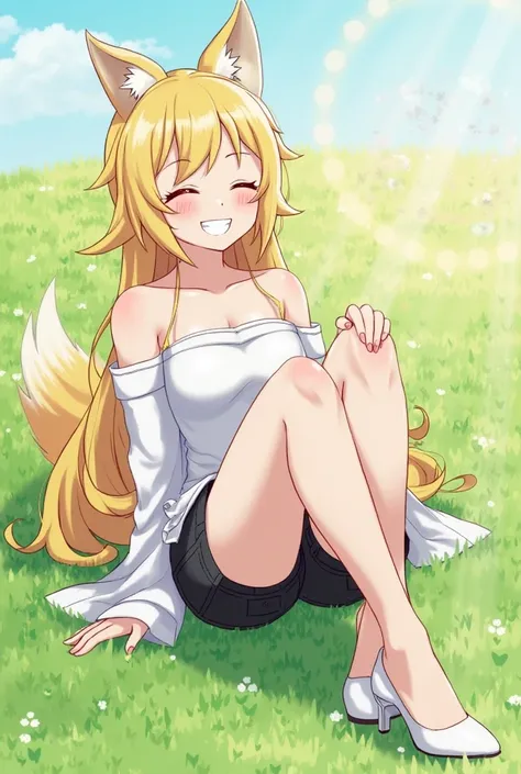 1girl, sunaookami shiroko, blue archive, strapless shirt, black denim shorts, white high heels, closed eyes, blushing red cheeks, happy face, lying down, grass, legs up, tucking pose