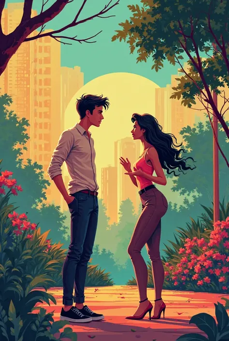 a guy shying away from a hot girl graphic design on the park 
background 