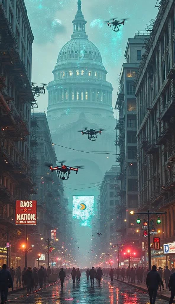 A hybrid cityscape where **floating holograms** of digital nations overlap crumbling government buildings. Citizens vote via blockchain terminals, while AI enforcers patrol streets. A protest banner reads "DAOs > Nations!" with drones projecting a decentra...