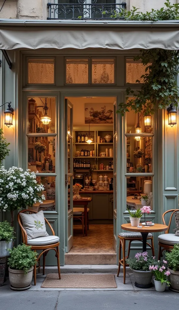 French style cafe, small shop with beautiful corners, No people, Just a picture of the cafe.