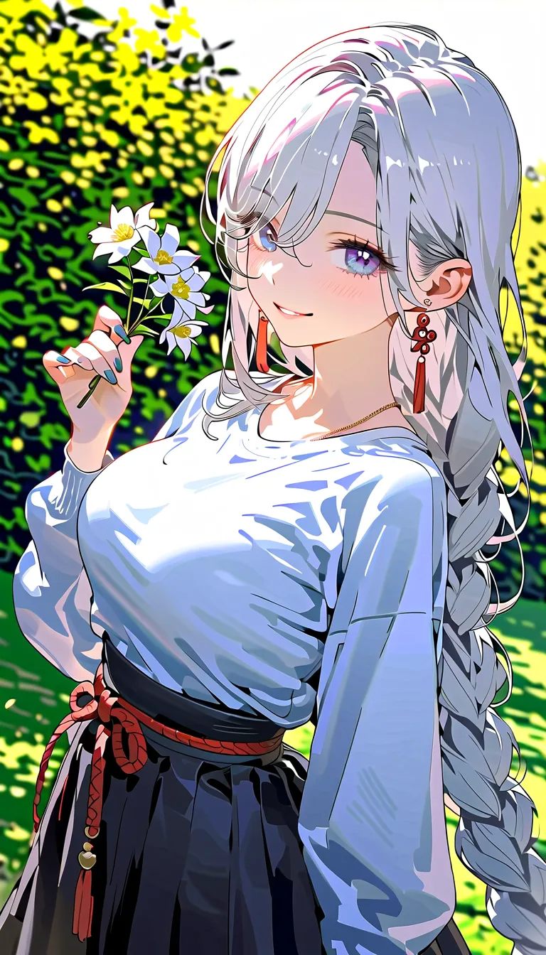 a preppy girl in a garden, wearing a white cardigan and pleated skirt, beautiful detailed eyes, beautiful detailed lips, long eyelashes, smiling, holding a flower, golden hour lighting, cinematic composition, vibrant colors, intricate details,  8k, highly ...