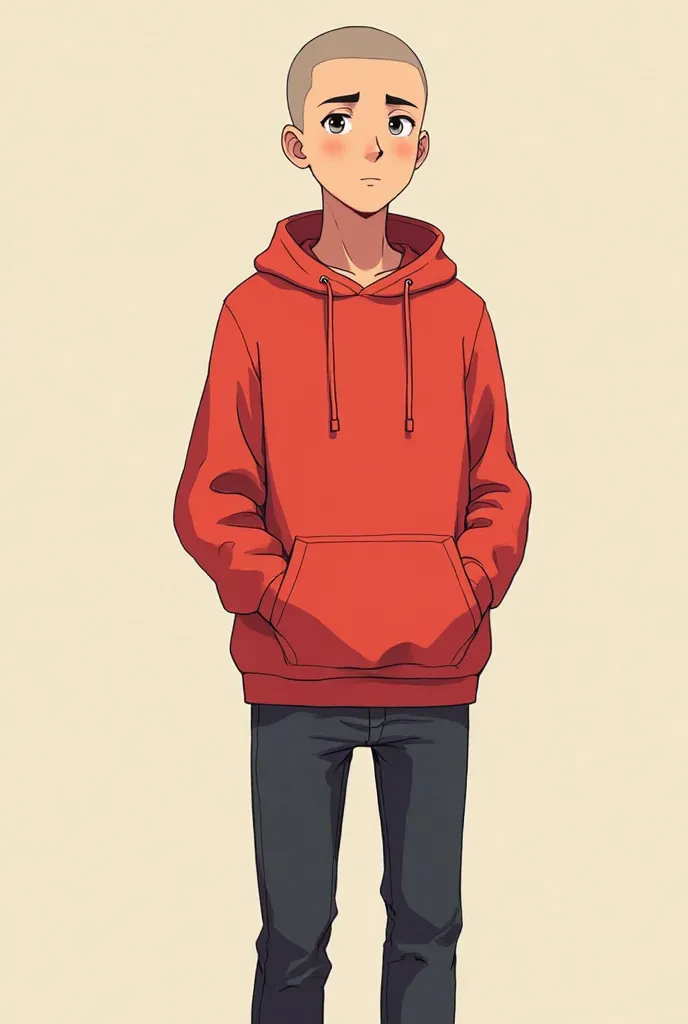 Anime cartoon man with skinhead hair is 25 years old, wearing a red hoodie, standing alone 