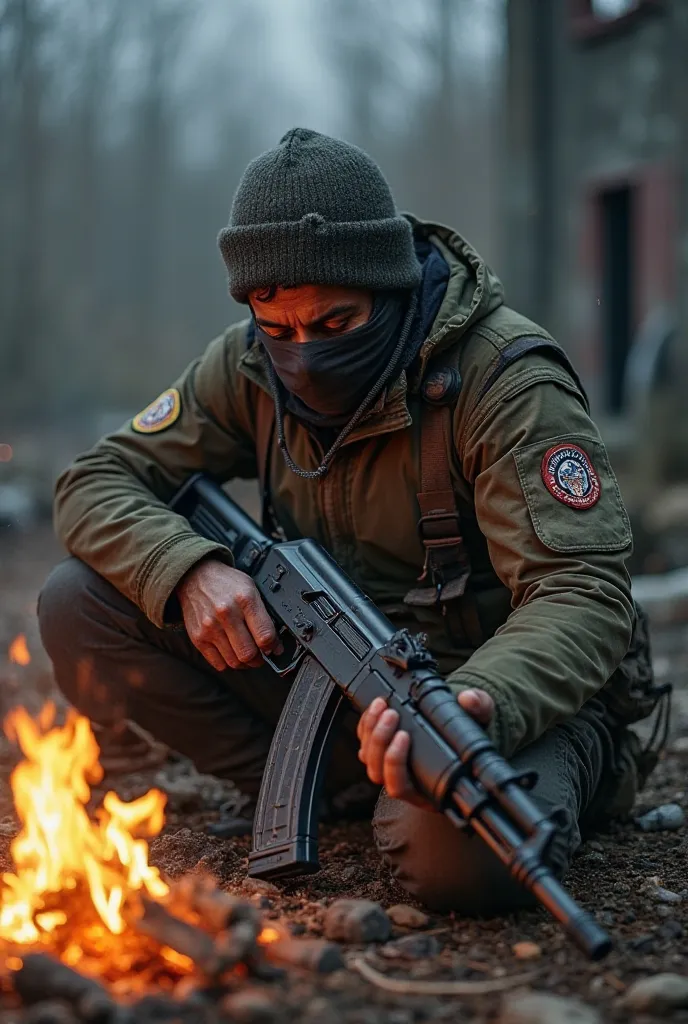 Stalker sit by the fire cleaning his ak74