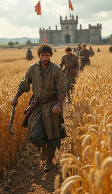 "A first-person perspective of a medieval farmer from Game of Thrones working in a vast wheat field at midday. His dirt-streaked hands grip a worn wooden sickle as he harvests golden stalks of grain. Around him, other workers—men and women—sweat under the ...