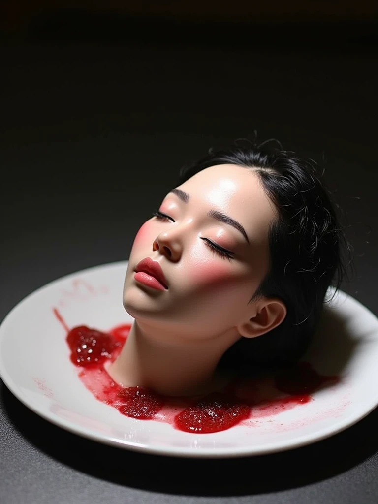   place the head of a decapitated woman , Asia,  Less blood stains   , ((  Close Your Eyes )),   like a dish on a plate  , Bloody,  actual , 4K, Nikon, fear