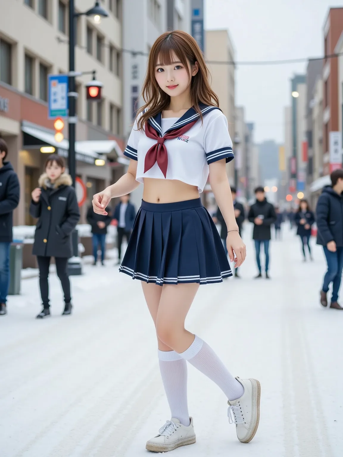 (( full body shot, I can see up to my knees, knee-high socks,  dancing in the snow  , drawing composition )),  Snow Mountain ,  cute and beautiful Japanese women,18 years old, ((crop top student sailor suit)), knee-high socks, miniskirt, (fluffy bright hai...