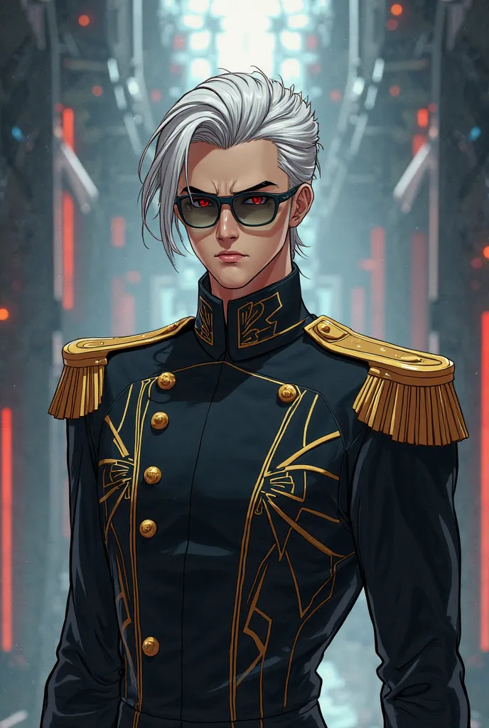 admiral,  black uniform, white hair ,  Young man,  red eyes, tea-colored sunglasses, anime 