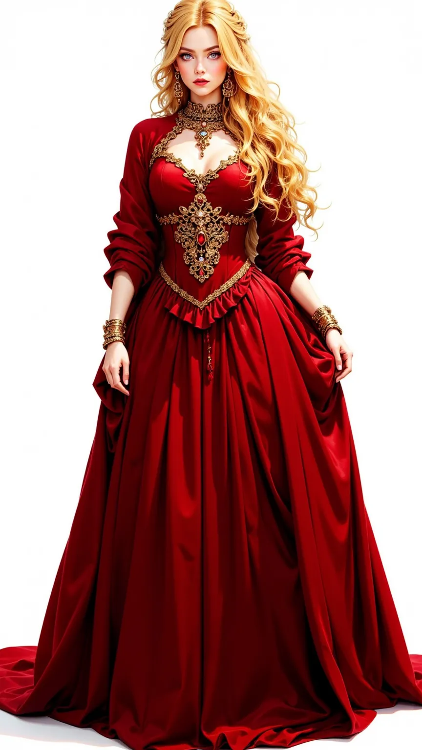 Genna Lannister is a mysterious woman，shows her in a smooth and delicate outfit，adorned with intricate jewelry，including her elegant and gorgeous brooch，wears a stunning red velvet dress，adorned with brilliant gold embroidery。Her golden hair radiates dazzl...